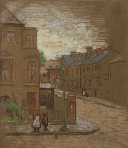 Crianças esperando na esquina de uma rua, c.1900 (giz colorido sobre papel pardo)